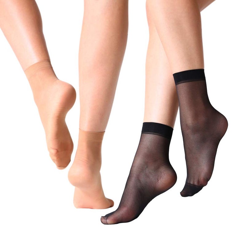 MANZI 12 Pairs Nylon Pantyhose Socks Ankle Sheer Hosiery One Size Natural with Black - Image 4
